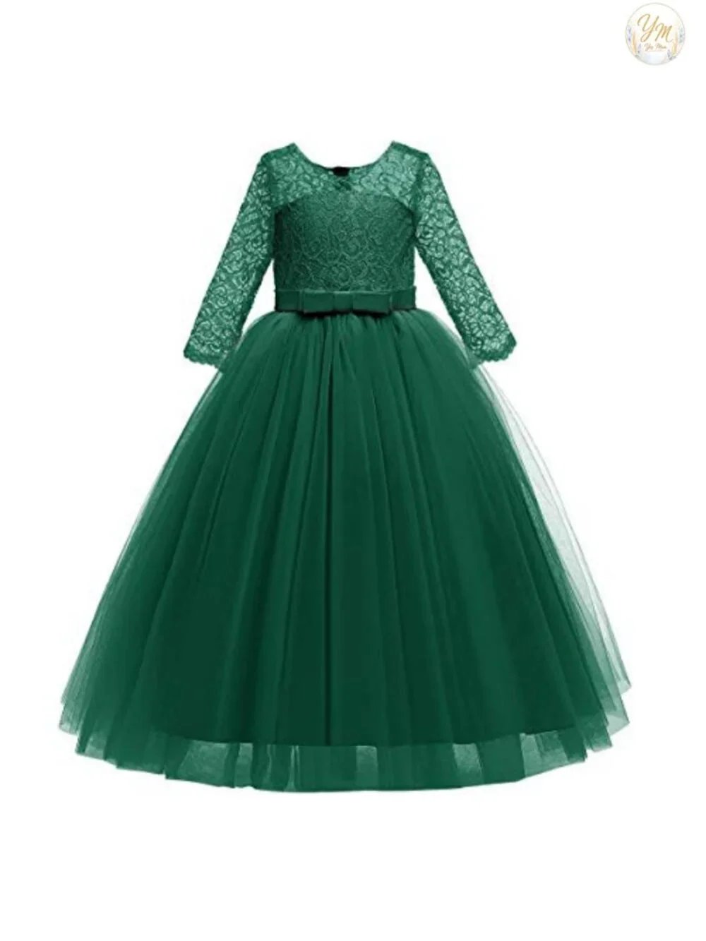 Girls Flower Girl Lace 3/4 Sleeve Wedding Princess Maxi Dress, High Waist, Back